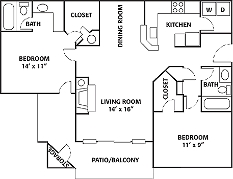 2 Bed 2 Bath Large